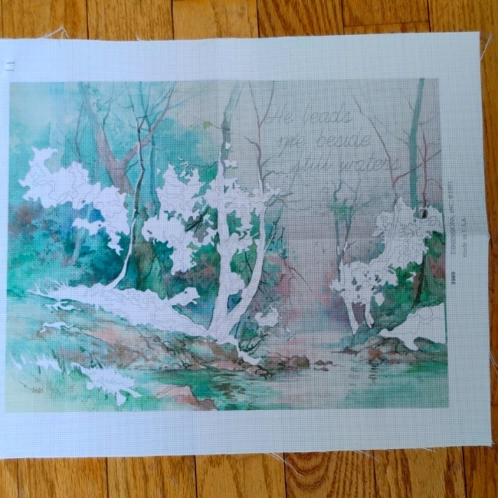 🙏🏻 NEEDLEPOINT Woodland STREAM "He leads me beside still waters 1991 IMPRESSIO